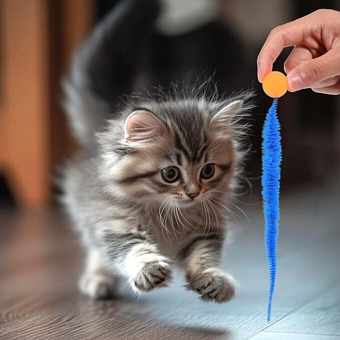 6 Pcs Bouncy Ball for Cats, Colorful Fuzzy Bouncy Cat Worm Toy Ball Fuzzy Worms (Balls Colors are Random)-PurrikoPets