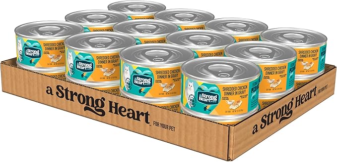 A Strong Heart Canned Wet Cat Food, Shredded Chicken Dinner in Gravy - 5.5 oz Cans (Pack of 24), Made in The USA with Real Chicken-PurrikoPets
