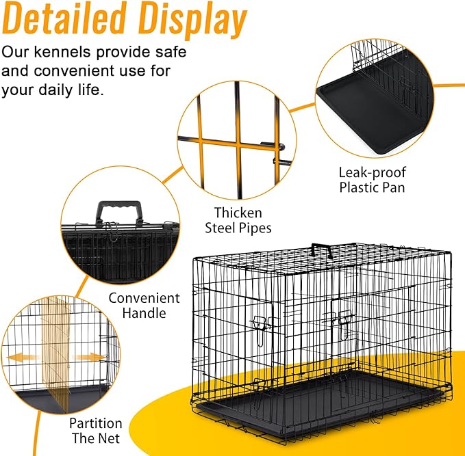 FDW Dog Crate for Medium Dogs 30 Inch Folding Metal WirePet Cage Double Door W/Divider Panel Indoor Outdoor Kennel Leak-Proof Plastic Tray,Black-PurrikoPets