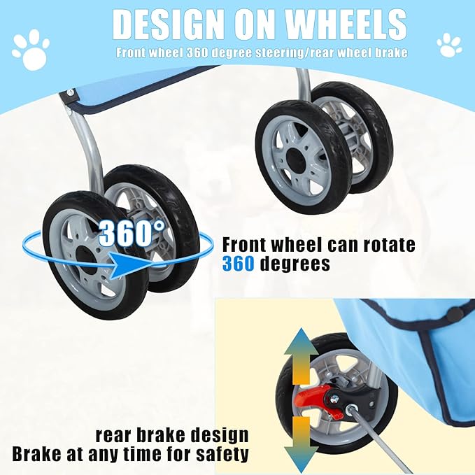 Dog Stroller, Folding 4 Wheels Pet Stroller for Small Medium Dog Cat Travel Carrier with Weather Cover Storage Basket Cup Holders Blue-PurrikoPets