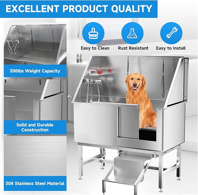 Dog Washing Station 50" Dog Grooming Tub with Right Stair& Faucet, Stainless Steel Dog Bathing Station for Home,Dog Bathtub for Large,Medium,Small Pets-PurrikoPets