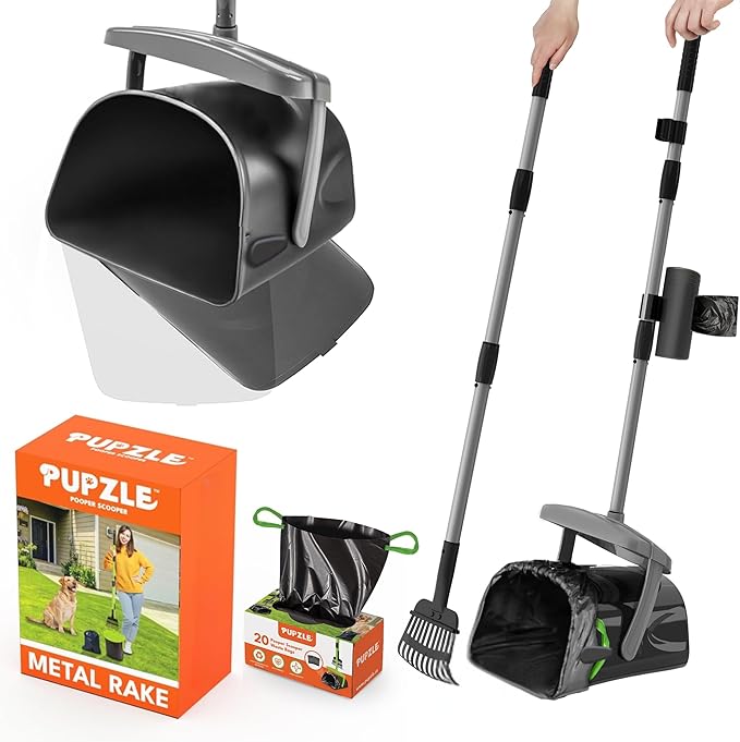 Dog Pooper Scooper with Bag Attachment, 40" Long Handle Pooper Scooper for Large Dogs, Dog Poop Scoop for Yard, Large Capacity Swivel Bin and Rake, Lavender Scented Bags (Grey)-PurrikoPets