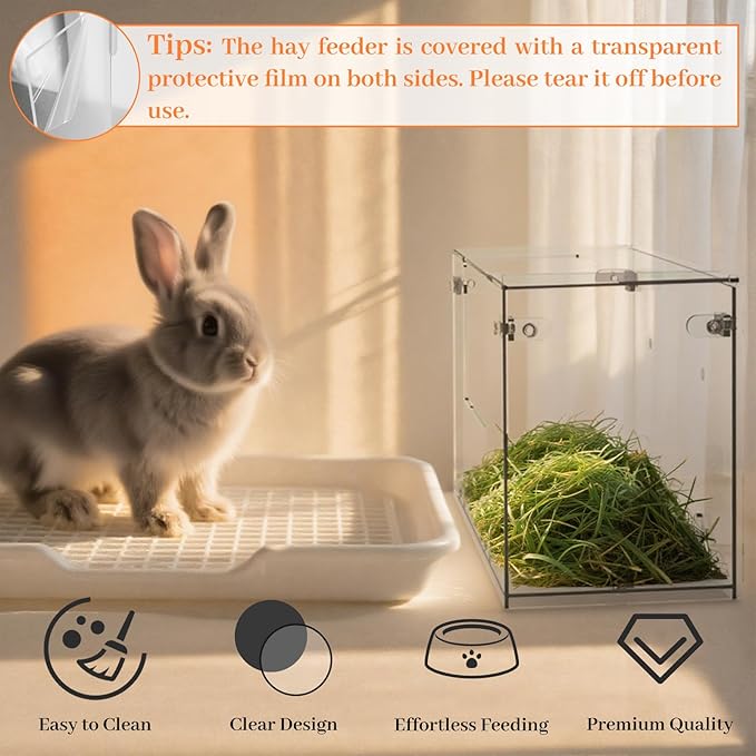 Acrylic Rabbit Hay Feeder with Lid, Transparent Hanging Food Dispenser Hay Feeder for Bunny Rabbits Guinea Pig Cage Chinchillas Hamsters Small Pets and Animals（Small-PurrikoPets