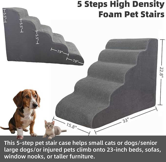 5 Step Pet Stairs Ramp for High Beds Sofas 5-30 Inch with Sturdy Non Slip Waterproof Pads, Machine Washable Cover Indoor Balanced Design for Cats Dogs Small Medium Large XL Pets Grey (Grey, Large, 1)-PurrikoPets