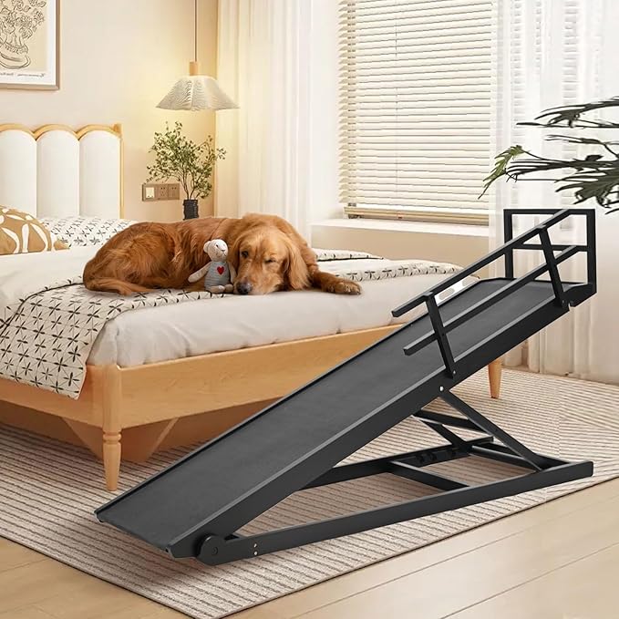 Dog Ramp, 5 Level Adjustable Height Folding Pet Ramp for High Bed, Portable Paw Ramps Large Bed Ramp for Medium & Large Old Dogs & Cats - Natural Wood Furniture Quality-PurrikoPets