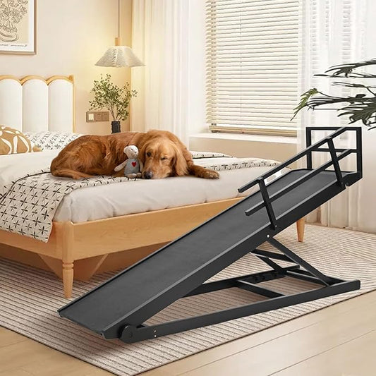 Dog Ramp, 5 Level Adjustable Height Folding Pet Ramp for High Bed, Portable Paw Ramps Large Bed Ramp for Medium & Large Old Dogs & Cats - Natural Wood Furniture Quality-PurrikoPets