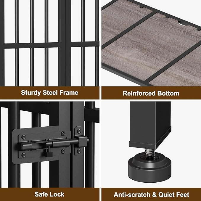 Easycom 41" Dog Crate Furniture Foldable, No Assembly Decorative Dog Kennel Indoor, Dog Crates for Large Dogs (40-65 lbs), Wooden Dog Cage with Adjustable Bowls and Name Tag, End Table, Oak Grey-PurrikoPets