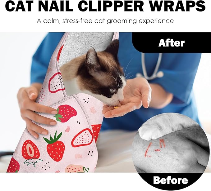 27.6" Cat Grooming Wrap, Self Adhesive Cat Wrap for Cutting Nails, Anti-Escape Calming Cat Swaddle Wrap for Medicine Ear Cleaning, Strawberry Anti-Scratch Cats Burrito Restraint Blanket, Pet Tool-PurrikoPets