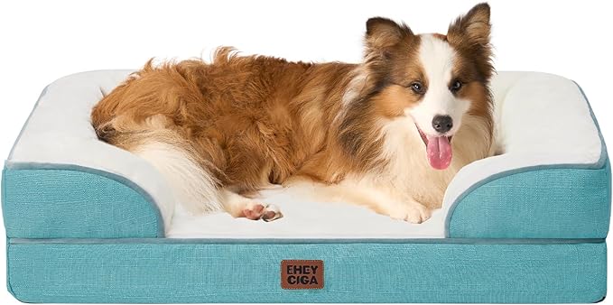 EHEYCIGA Orthopedic Dog Beds for Large Dogs, Waterproof Memory Foam Large Dog Bed with Sides, Non-Slip Bottom and Egg-Crate Foam Pet Couch Bed with Washable Removable Cover, Turquoise Blue-PurrikoPets
