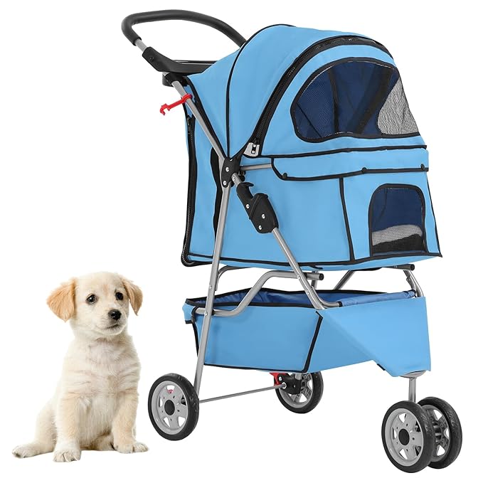 Foldable Pet Stroller for Cats and Dogs 3 Wheels Carrier Strolling Cart with Weather Cover, Mesh Panels，Storage Basket Cup Holder，Blue-PurrikoPets