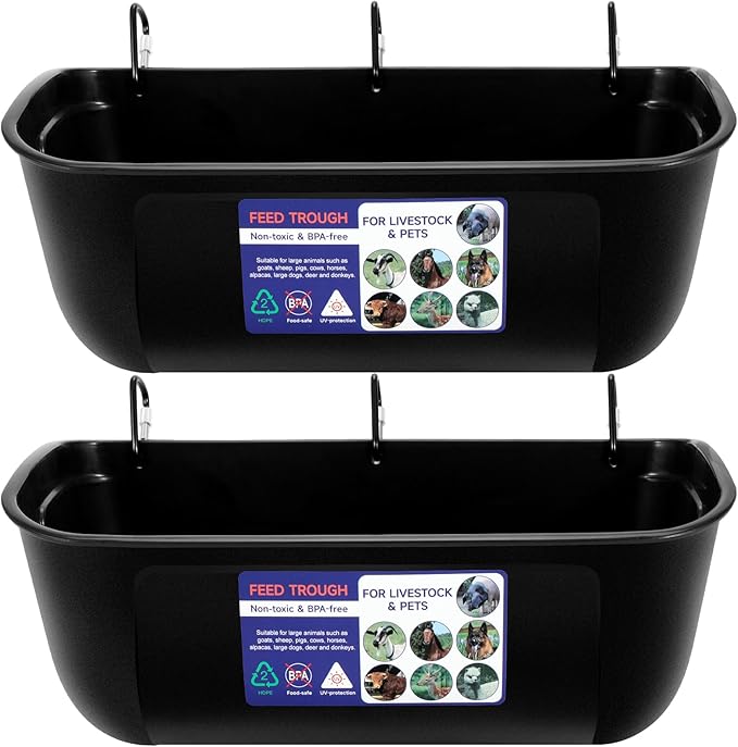 Goovilla Large Feed Trough, Hanging or Screw-in Fence Feeder with Clips, 2 Pack 9 Quart Goat Feeder Supplies, Dog Horse Hog Pig Livestock Poultry Plastic Feeder Trough Bucket for Large Animal, Black-PurrikoPets
