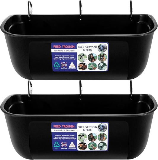 Goovilla Large Feed Trough, Hanging or Screw-in Fence Feeder with Clips, 2 Pack 9 Quart Goat Feeder Supplies, Dog Horse Hog Pig Livestock Poultry Plastic Feeder Trough Bucket for Large Animal, Black-PurrikoPets