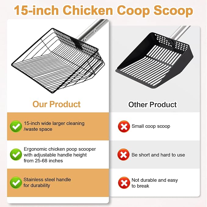 15" Chicken Poop Scooper & Rake, Metal Chicken Coop Scoop for Poop with 24 to 68" Adjustable Stainless Steel Handle, Litter Scooper Sifting Shovel Chicken Coop Accessories-PurrikoPets