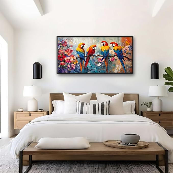 Extra Large Framed Parrot Bird Wall Art,Oversized Abstract Colorful Parrots Flower Wall Decor Pictures for Living Room,Canvas Print Painting Modern Artwork Bedroom Office Bathroom Home Decor 60L x30W-PurrikoPets