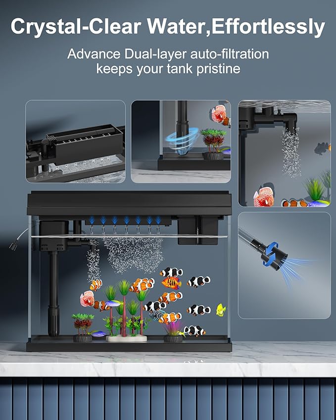 Fish Tank Aquarium Kit, 2.38 Gallon Beta Fish Aquariums, UHD Glass,Temperature Sensing, 7-Color Lighting Small Fish Tank for Kids/Desktop Decor-PurrikoPets