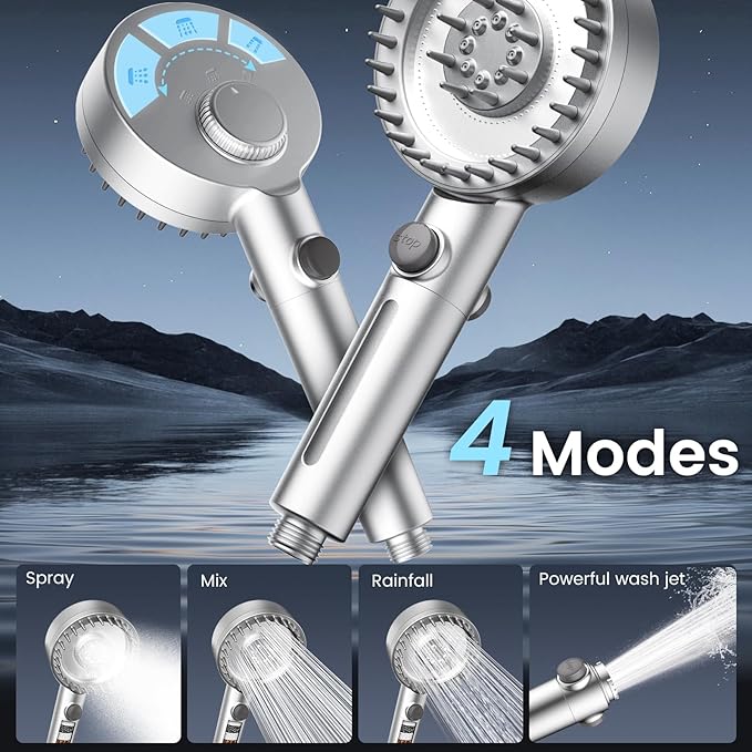 Filtered Shower Head with Handheld, High Pressure 4 Spray Mode Showerhead with Filters, Water Softener Beads for Hard Water with ON/OFF Switch for Pets - Remove Chlorine (Silver, 5 inch Panel)-PurrikoPets