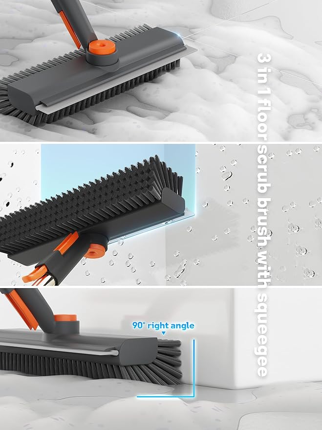 Floor Scrub Brush with Long Handle, 3 in 1 Multi-angle Swivel Right Angled Bristle Floor Scrubber Brush with Squeegee and Tweezer for Cleaning Tile Wall Deck Bathroom Patio Garage Kitchen (Grey)-PurrikoPets