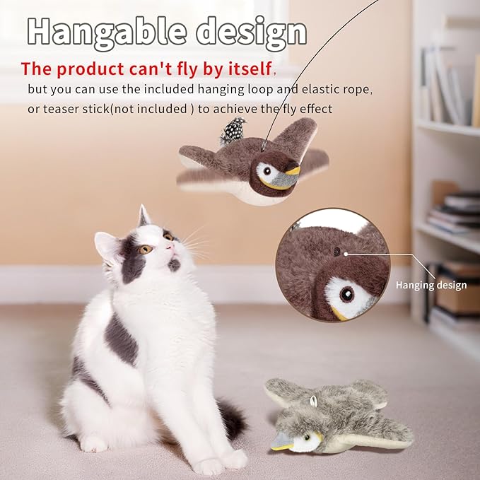 2 PCS Cat Toys, Flapping Bird Cat Toy(No Flying), Interactive Catnip Toy with Catnip Bags, Chirping Noise Moving Wings Dog Cat Kitten Toys, Flappy Flying Pets Toy for Indoor(Brown&Gray Sparrow)-PurrikoPets