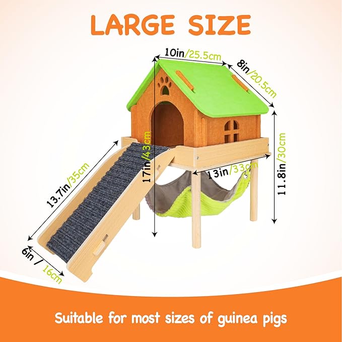 3 in 1 Enlarged Guinea Pig Hammock with House & Platform,Wooden Guinea Pig Hideout with Hammock & Stairs Small Animal Toys for Hiding Sleeping Activities-PurrikoPets