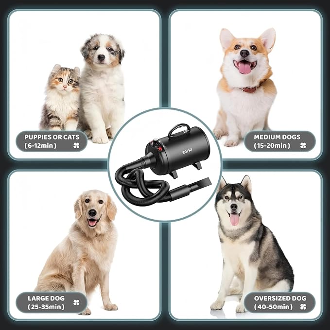 Dog-Hair-Dryer, 5.2HP/ 3800W High Velocity Pet Blow Dryer with Heater for Grooming, Speed Temperature Adjustable Dog Blower Grooming Dryer with 4 Nozzles-PurrikoPets