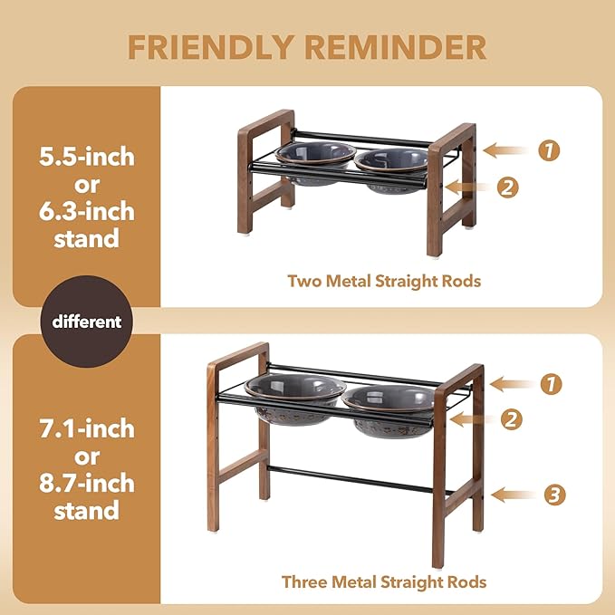 6.3inch Ceramic Adjustable Raised Double Bowls Set with Stand, 3 Heights Elevated, 2 Placement Options,Food and Water Bowls for Adult Cat Small and Medium Dog(Reactived Glaze -Grey)-PurrikoPets