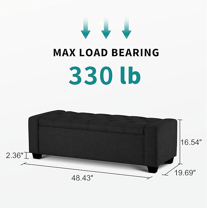 48" Ottoman with Storage, Black Storage Ottoman Bench with Safety Hinge, Upholstered Entryway Bench with Seating for Bedroom, Living Room, Holds up to 330 lb-PurrikoPets