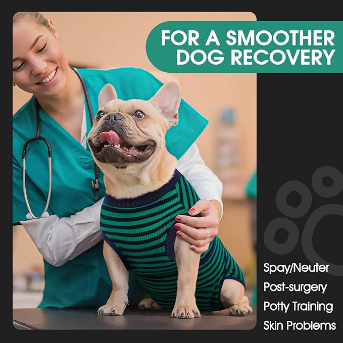 FUAMEY Recovery Suit for Dogs After Surgery,Soft Breathable Dog Bodysuit E-Collar & Cone Alternative Surgical Suit,Male Female Dog Neuter Spay Suits Anti Licking Wounds Onesie Green Black Stripes L-PurrikoPets