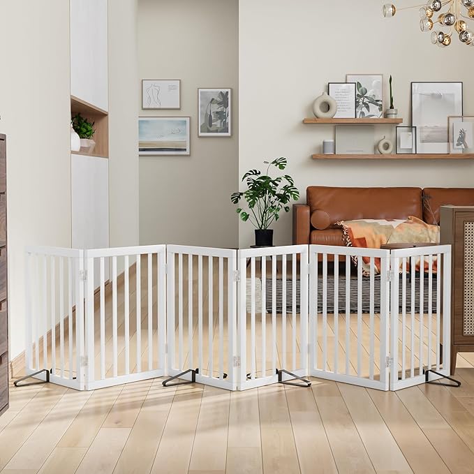 Dog Gates for Doorways Extra Wide 110inches (9ft), Wooden Freestanding Pet Gates for Dogs with 4 Support Stands, Foldable Gates for Dogs Indoor-PurrikoPets