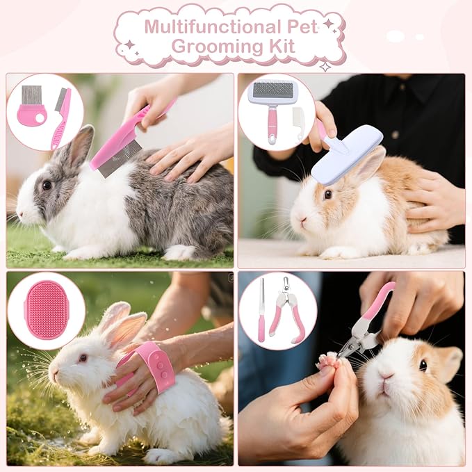 25 Pcs Large Rabbit Starter Kit, Bunny Litter Box with Drawer Animal Grooming Kit Stacking Cups Bowl Blankets Mat with Cleaning Set for Adult Guinea Pig, Ferret, Hamster, Bunnies Accessories (Pink)-PurrikoPets