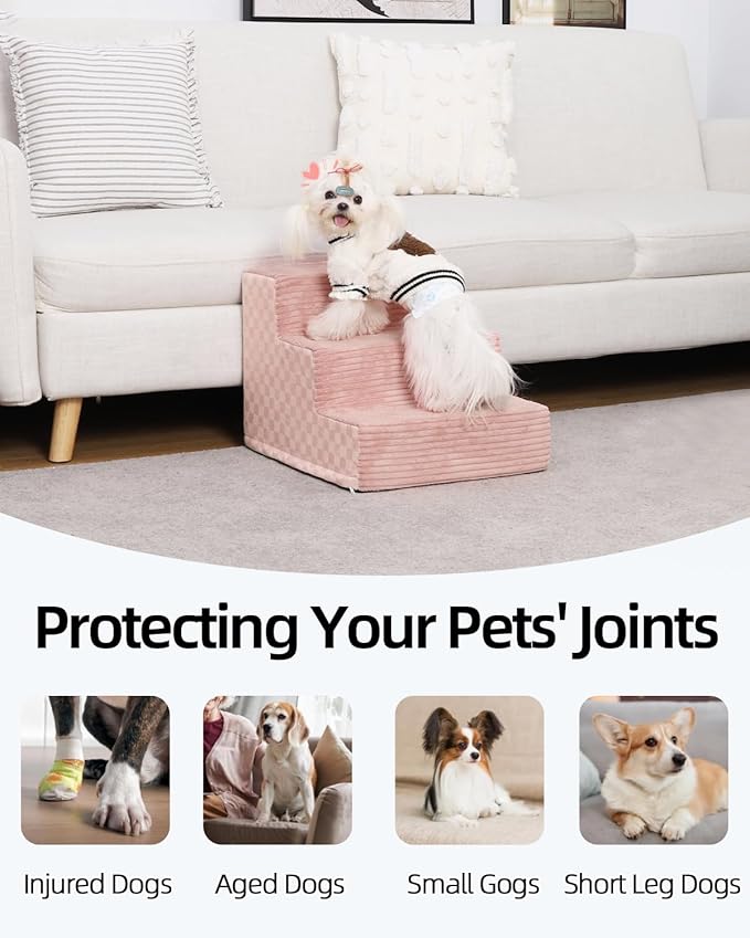 Dog Stairs for Small Dogs,17.5" H,4-Step Dog Steps for Bed and Couch with High Density Foam,Non-Slip Pet Steps for Doggy and Cat,Pet Stairs with a Washable Cover,Pink-PurrikoPets