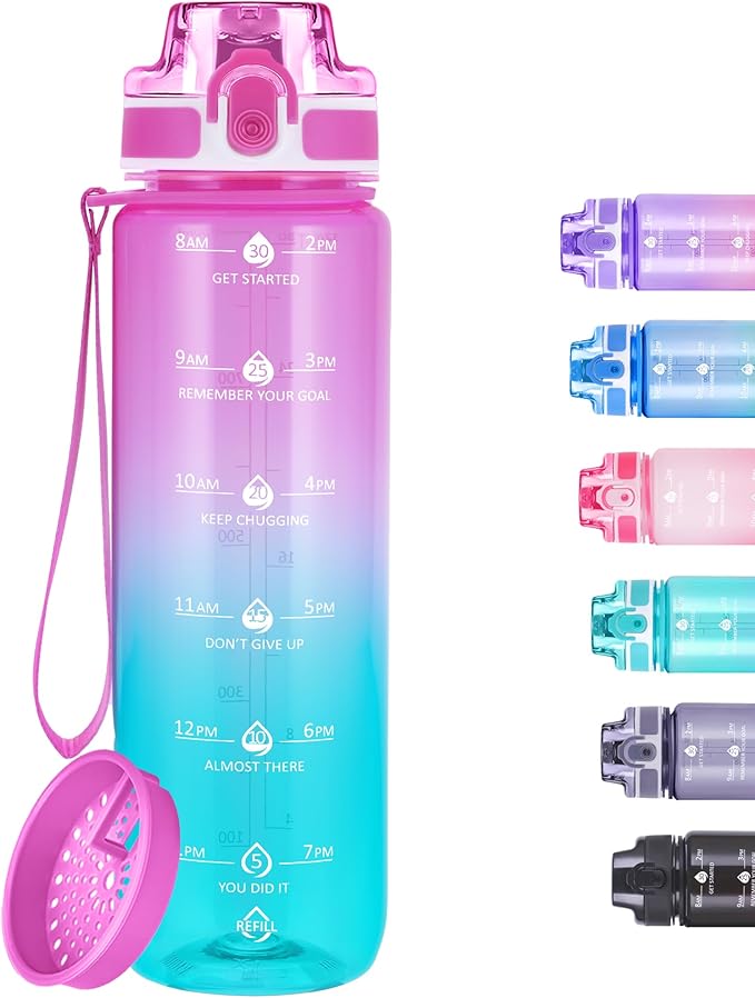 32oz Motivational Water Bottles with Time Marker & Fruit Strainer, Transparent Gradient Color Water Bottle with Times to Drink, Leakproof & BPA Free, Reusable Bottle with Strap (No Straw)-PurrikoPets