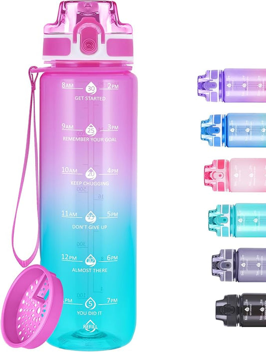 32oz Motivational Water Bottles with Time Marker & Fruit Strainer, Transparent Gradient Color Water Bottle with Times to Drink, Leakproof & BPA Free, Reusable Bottle with Strap (No Straw)-PurrikoPets