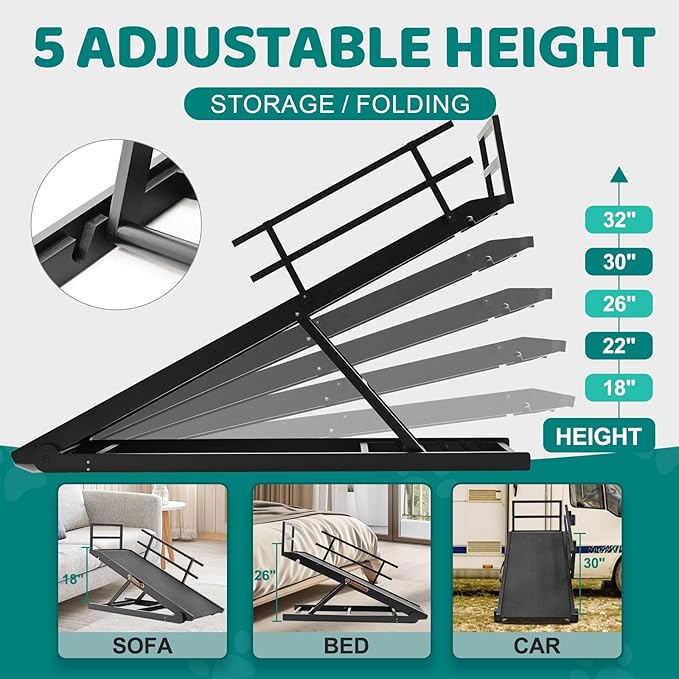 Dog Ramp for Bed, Adjustable Pet Ramps for Dog to Get on Bed, Non-Slip Rubber Surface - Folding Wooden Dog Ramp for Small/Large/Old Dogs, Adjustable up to 31 inch High Beds, Safety Railings-PurrikoPets