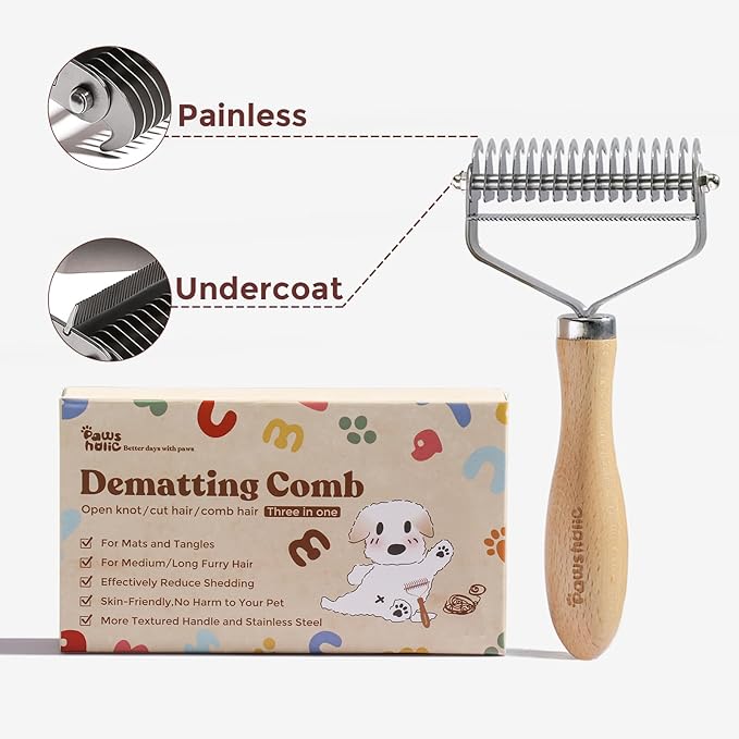 3-in-1 Professional Pet Shedding Dematting Comb - Deshedding Undercoat Rake for Dogs with Stainless Steel Blades Metal Pet Brush with Wood Handle Matted Hair Detangling Thinning and Shedding-PurrikoPets