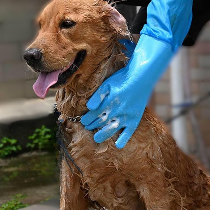 Dog Washing Gloves, Pet Grooming Gloves with Soft Brushes, Bathing and Massaging for Dogs and Cats, Silicone Heat Resistant Cleaning Gloves with High-Density Teeth (Blue)-PurrikoPets