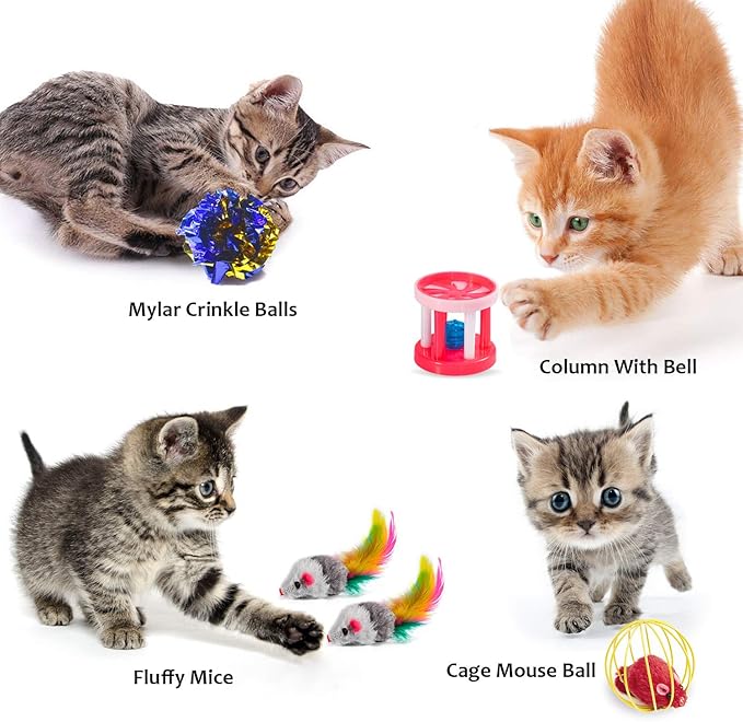 AILUKI 35 PCS Cat Toys Kitten Toys Assortments,Variety Catnip Toy Set Including 2 Way Tunnel,Cat Feather Teaser,Catnip Fish,Mice,Colorful Balls and Bells for Cat,Puppy,Kitty-PurrikoPets