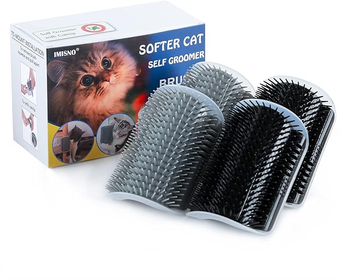 4 Pack Cat Self Groomer with Catnip Pouch,Cats Corner Massage Comb Grooming Brush Tool for Kitten Puppy (2 Black/2 Grey)-PurrikoPets