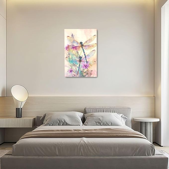 Dragonfly Bathroom Pictures Wall Art, Floral Bathroom Wall Decor, Framed Painting Canvas Artwork for Bedroom Living Room Decorations 24"L x 16"W-PurrikoPets