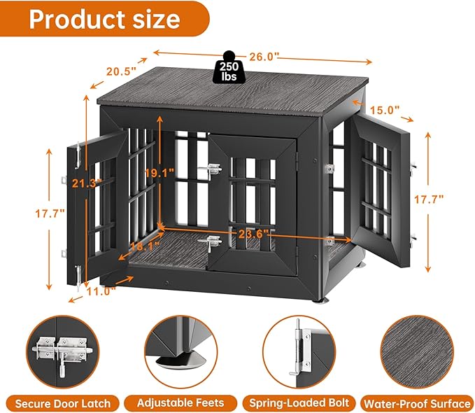 26" Heavy Duty Dog Crate Furniture for Small,Medium and Large Dogs,Rustic Wooden Dog Cage Kennel Indoor Furniture with Waterproof Top,Decorative Pet House Side End Table (Black & Grey)-PurrikoPets