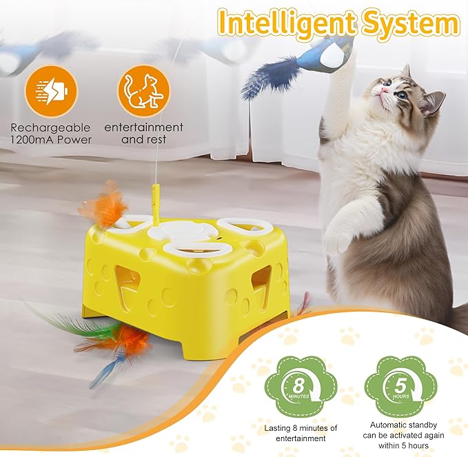 3-in-1 Interactive Cat Toy for Indoor Cats,Automatic Kitten Toys,Flying Bird,6 Holes Mole,Rotating Feather, USB Rechargeable Electronic Interactive Feather Toy for Bored Adult & Kitten Cats-PurrikoPets