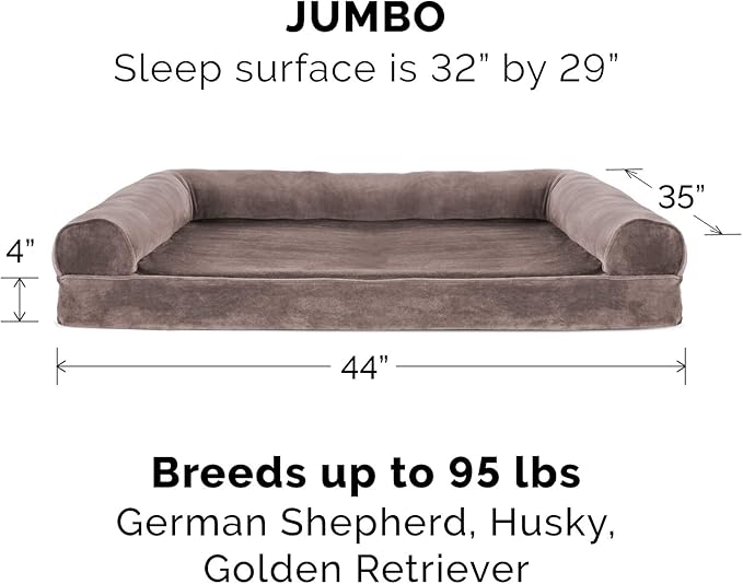 Furhaven Orthopedic Dog Bed for Large Dogs w/ Removable Bolsters & Washable Cover, For Dogs Up to 95 lbs - Faux Fur & Velvet Sofa - Driftwood Brown, Jumbo/XL-PurrikoPets