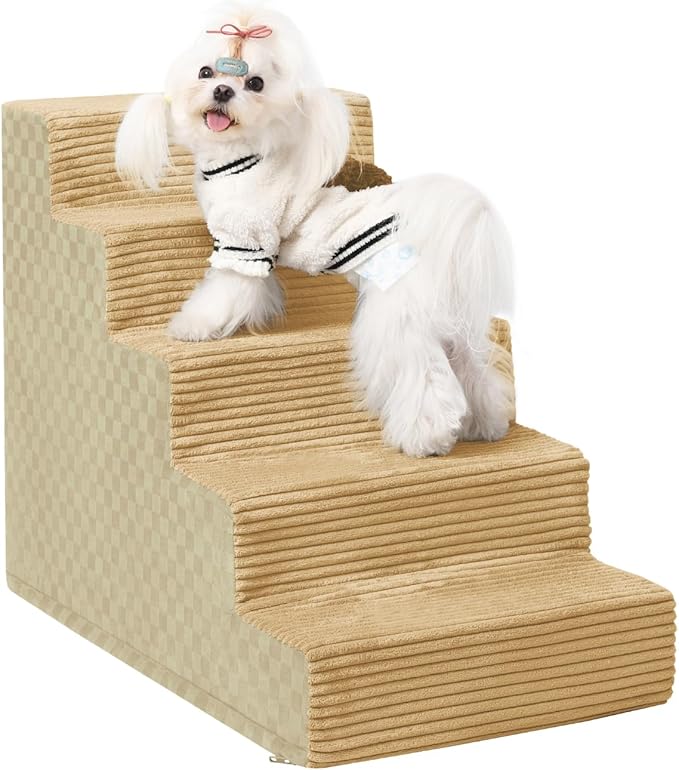 Dog Stairs for Small Dogs,22" H,5-Step Dog Steps for Bed and Couch with High Density Foam,Non-Slip Pet Steps for Doggy and Cat,Pet Stairs with a Washable Cover,Khaki-PurrikoPets