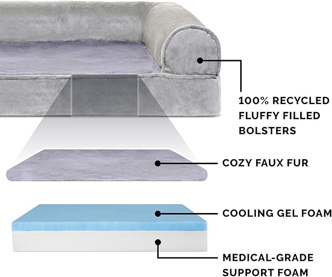 Furhaven Cooling Gel Dog Bed for Large Dogs w/ Removable Bolsters & Washable Cover, For Dogs Up to 95 lbs - Faux Fur & Velvet Sofa - Smoke Gray, Jumbo/XL-PurrikoPets