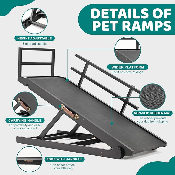 Dog Ramp for Bed, Adjustable Pet Ramps for Dog to Get on Bed, Non-Slip Rubber Surface - Folding Wooden Dog Ramp for Small/Large/Old Dogs, Adjustable up to 27.5 inch High Beds, Safety Railings-PurrikoPets