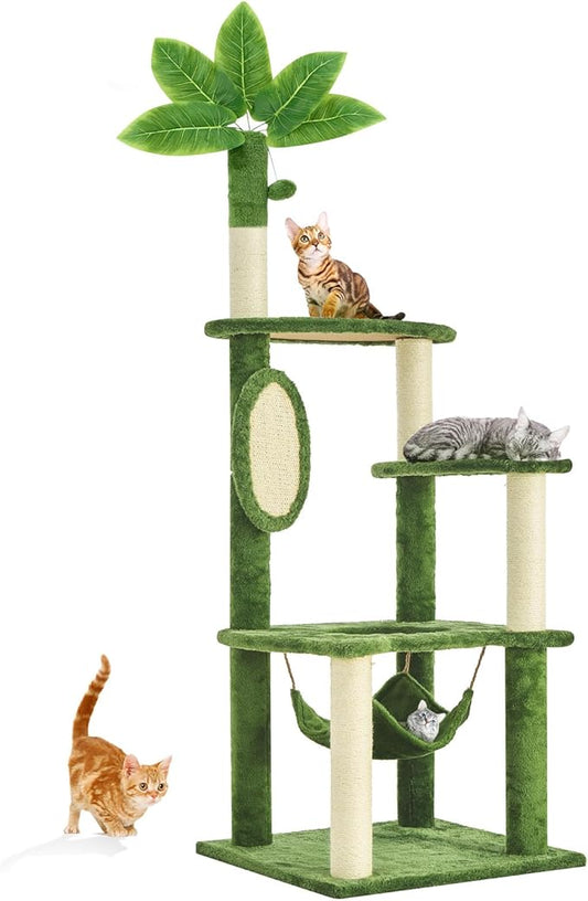 55 Inch Large Cat Tree Tower for Indoor Cats with Hammock Green Leaves Sisal Scratching Post, Plush Hang Ball Play Furniture for Kittens & Adult Cats,New Green-PurrikoPets