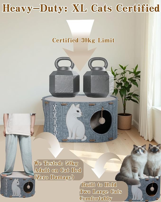 2-in-1 Large Cat House for Indoor Cats, Felt Cat Cave with Cushion, Dual Entrances & Sisal Ball Toy, Enclosed Bed for Large Cats or Multi-Cat Use, Supports 88 lbs-PurrikoPets