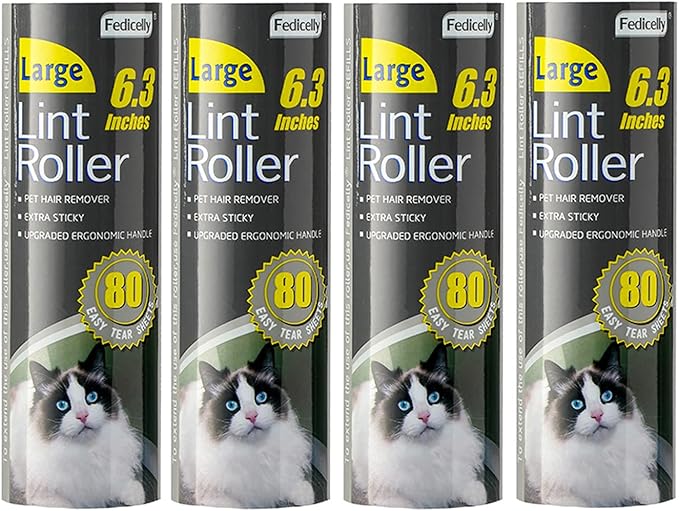 Fedicelly Large Lint Rollers Pet Hair Extra Sticky Refills,Mega Value Set 6.3 inches Wider with 320 Sheets for Cat and Dog Hair Removal,80 Sheets Per Roller-PurrikoPets