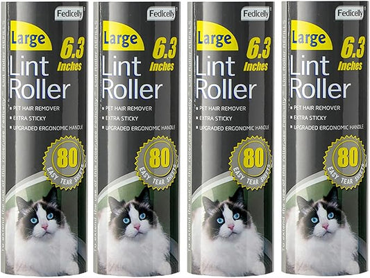 Fedicelly Large Lint Rollers Pet Hair Extra Sticky Refills,Mega Value Set 6.3 inches Wider with 320 Sheets for Cat and Dog Hair Removal,80 Sheets Per Roller-PurrikoPets