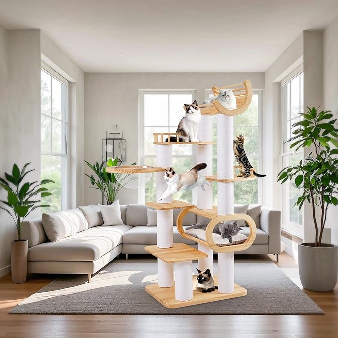74.8" Modern Cat Tree for Indoor Cats, Tall Wood Cat Tower with Scratching Post, Heavy Duty Luxury Condo with Removable Mats, Multi-Level Cat Furniture for Cats-PurrikoPets