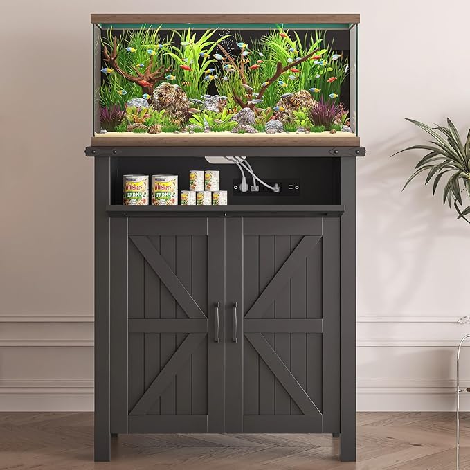 20 Gallon Aquarium Stand With Charging Station, Farmhouse Fish Tank Stand, Reptile Tank Stand Terrarium Stand with Drawer and Cabinet Storage, Sturdy Heavy Duty 27.6"×15.7" Tabletop - Black-PurrikoPets
